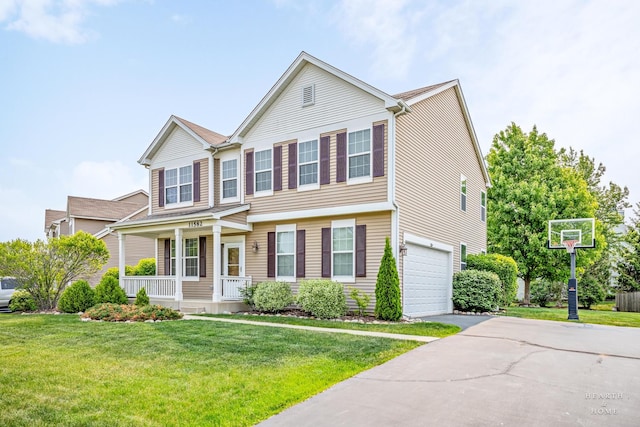 11582 Beacon Ave, Huntley, IL 60142 - view of front facade with covered porch, a garage, driveway, and a front yard