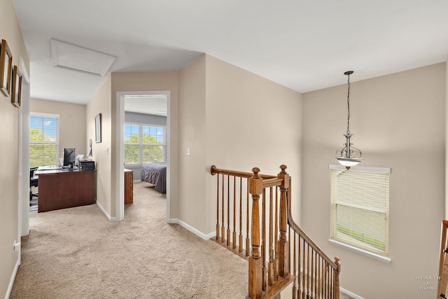 11582 Beacon Ave, Huntley, IL 60142 - corridor with an upstairs landing, carpet, a desk, baseboards, and attic access