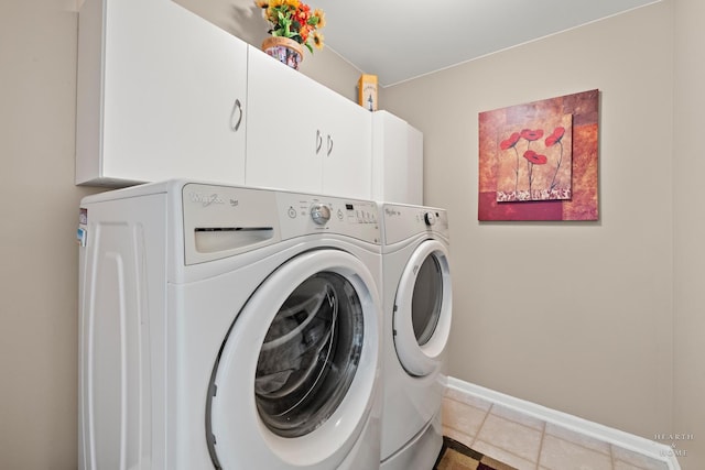 11582 Beacon Ave, Huntley, IL 60142 - washroom featuring washing machine and dryer, cabinet space, baseboards, and tile patterned flooring