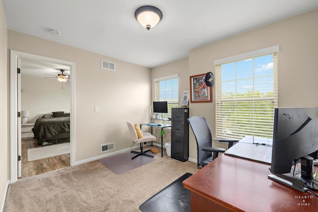 11582 Beacon Ave, Huntley, IL 60142 - office area with ceiling fan, carpet flooring, and baseboards