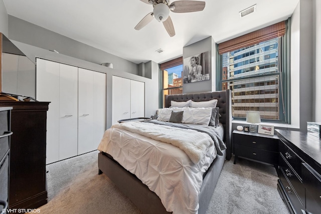 208 W Washington St Unit 1205, Chicago, IL 60606 - carpeted bedroom featuring two closets and a ceiling fan
