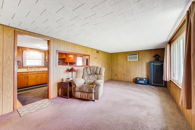 16419 W 147th Pl, Lockport, IL 60441 - living area featuring light colored carpet, plenty of natural light, wooden walls, and an AC wall unit