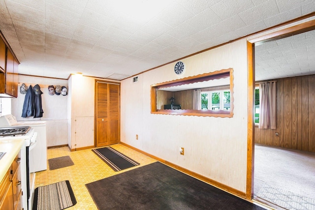 16419 W 147th Pl, Lockport, IL 60441 - kitchen with white gas range oven, ornamental molding, light flooring, wooden walls, and baseboards