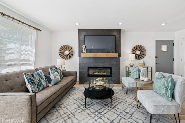 5247 N California Ave, Chicago, IL 60625 - living area with a fireplace, recessed lighting, and wood finished floors