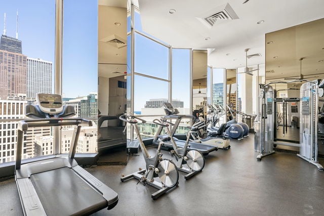 535 N Michigan Ave Unit 2205, Chicago, IL 60611 - exercise room with a view of city and a wall of windows