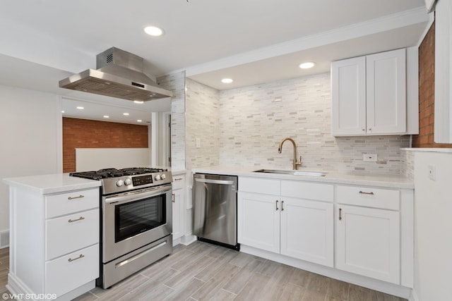 316 Nellie Ct, Glenview, IL 60025 - kitchen with appliances with stainless steel finishes, island exhaust hood, backsplash, white cabinets, and light countertops