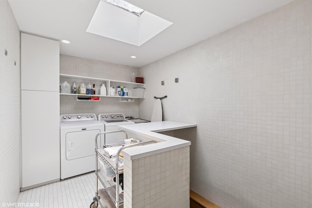 1707 Lynwood Ct, Flossmoor, IL 60422 - washroom with a skylight, washing machine and dryer, light tile patterned flooring, and recessed lighting