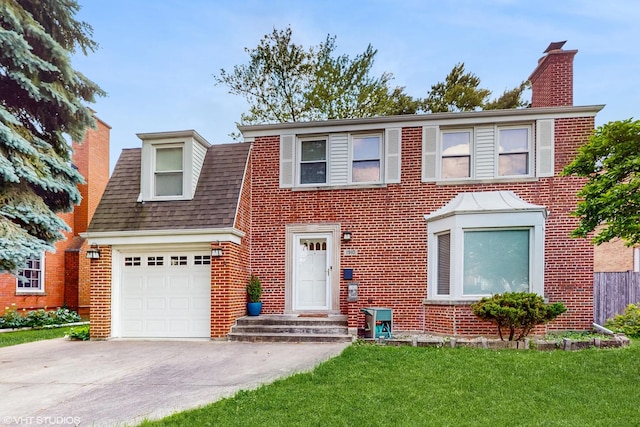 1910 N 76th Ct, Elmwood Park, IL 60707 - view of front facade featuring a chimney, brick siding, concrete driveway, a front lawn, and roof with shingles