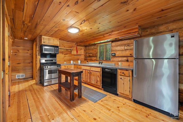 8753 Camp Lake Rd, Salem, WI 53168 - kitchen featuring appliances with stainless steel finishes, light wood-style flooring, wood ceiling, open shelves, and rustic walls