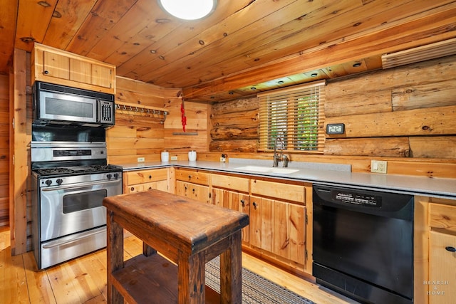 8753 Camp Lake Rd, Salem, WI 53168 - kitchen featuring stainless steel appliances, light wood-style floors, log walls, light brown cabinetry, and wood ceiling