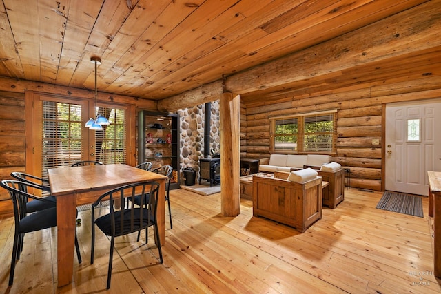 8753 Camp Lake Rd, Salem, WI 53168 - dining space featuring rustic walls, a wood stove, wooden ceiling, and light wood-style flooring