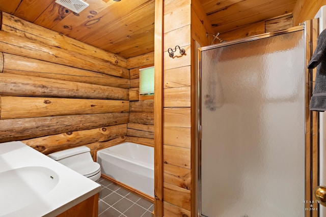 8753 Camp Lake Rd, Salem, WI 53168 - full bathroom with rustic walls, a shower stall, tile patterned flooring, wood ceiling, and vanity