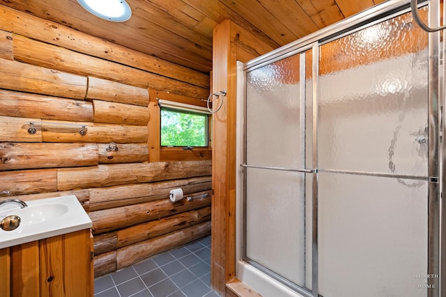 8753 Camp Lake Rd, Salem, WI 53168 - full bathroom with vanity, a stall shower, log walls, tile patterned floors, and wood ceiling
