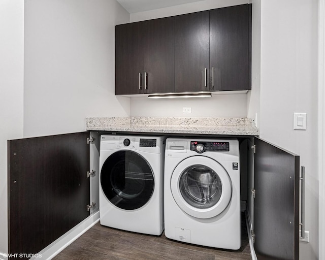 1350 W Diversey Pkwy Unit 1, Chicago, IL 60614 - laundry area with independent washer and dryer, cabinet space, and dark wood finished floors