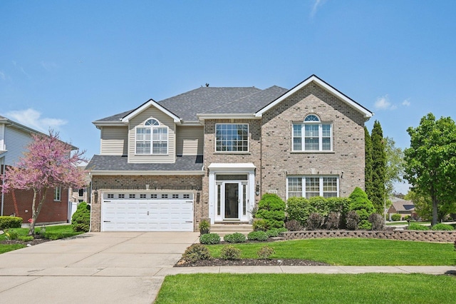949 Ruthenbeck Ln, New Lenox, IL 60451 - view of front of house with brick siding, concrete driveway, a garage, a front lawn, and a shingled roof