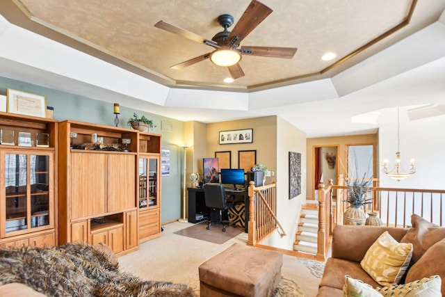 949 Ruthenbeck Ln, New Lenox, IL 60451 - living room with a raised ceiling, a chandelier, light carpet, ceiling fan, and an office area