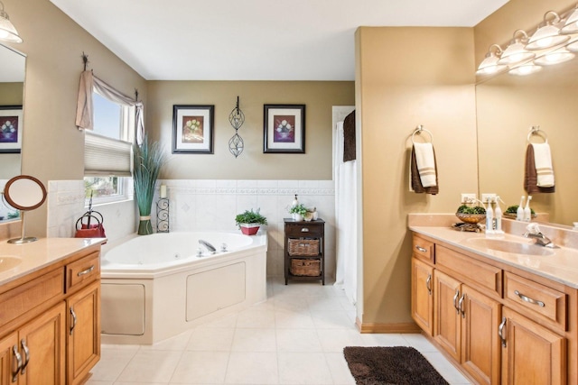 949 Ruthenbeck Ln, New Lenox, IL 60451 - bathroom with a whirlpool tub, two vanities, and tile patterned flooring