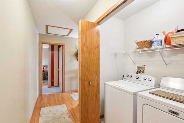 949 Ruthenbeck Ln, New Lenox, IL 60451 - laundry room featuring attic access, light wood-style floors, and washing machine and dryer