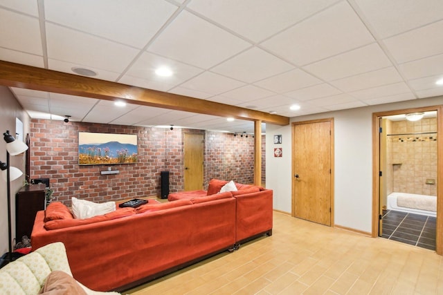 949 Ruthenbeck Ln, New Lenox, IL 60451 - living area featuring brick wall, a paneled ceiling, and recessed lighting
