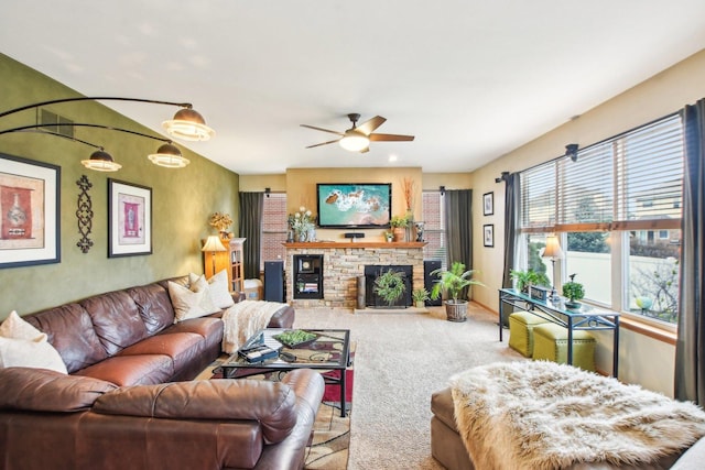949 Ruthenbeck Ln, New Lenox, IL 60451 - carpeted living room featuring a ceiling fan and a fireplace