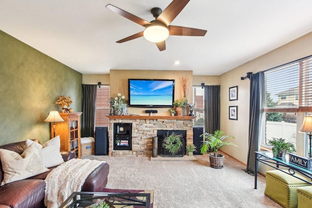 949 Ruthenbeck Ln, New Lenox, IL 60451 - living room with ceiling fan, carpet floors, and a stone fireplace