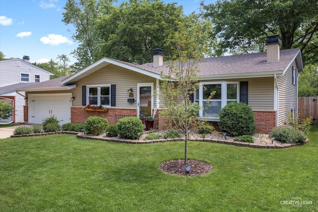 124 Fairview Dr, Saint Charles, IL 60174 - ranch-style house with brick siding, a chimney, an attached garage, and driveway