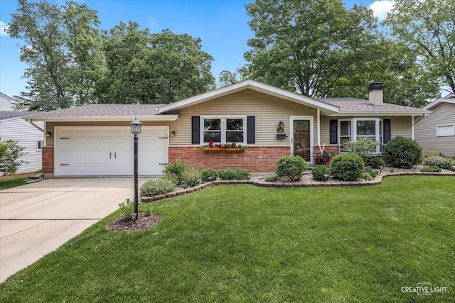 124 Fairview Dr, Saint Charles, IL 60174 - ranch-style home with brick siding, a garage, a chimney, driveway, and a front lawn
