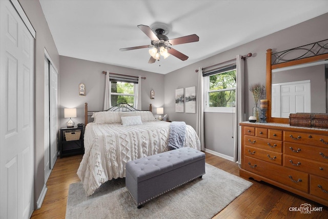 124 Fairview Dr, Saint Charles, IL 60174 - bedroom with multiple windows, light wood-style flooring, ceiling fan, and a closet