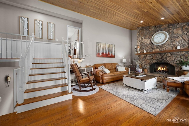 124 Fairview Dr, Saint Charles, IL 60174 - living room with wood ceiling, wood finished floors, stairway, a fireplace, and recessed lighting