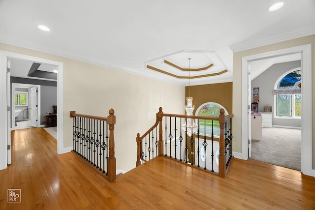 401 Jason Ln, Schaumburg, IL 60173 - corridor featuring an upstairs landing, plenty of natural light, wood finished floors, recessed lighting, and ornamental molding