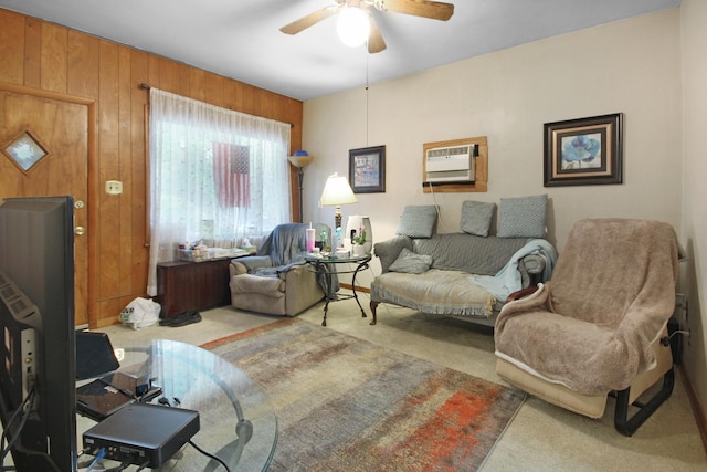 2424 Birch Ave, Whiting, IN 46394 - living area featuring carpet floors, a ceiling fan, and wooden walls