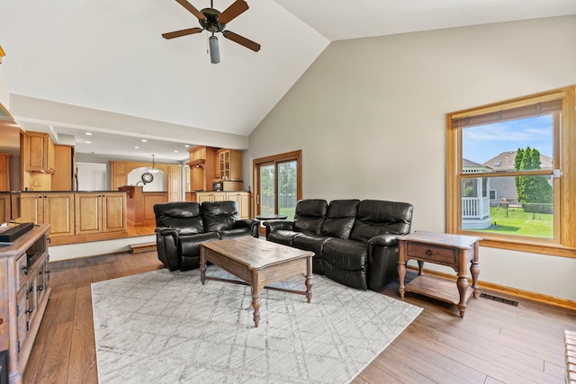 1164 Winding Glen Dr, Carol Stream, IL 60188 - living room with ceiling fan, hardwood / wood-style flooring, and high vaulted ceiling