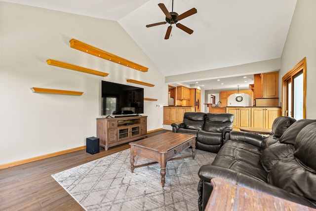 1164 Winding Glen Dr, Carol Stream, IL 60188 - living area featuring a ceiling fan, light wood-style floors, and high vaulted ceiling