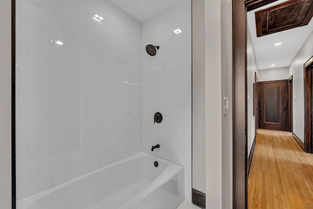212 S Columbia Ave, Oglesby, IL 61348 - full bathroom featuring shower / bathtub combination, wood finished floors, and recessed lighting