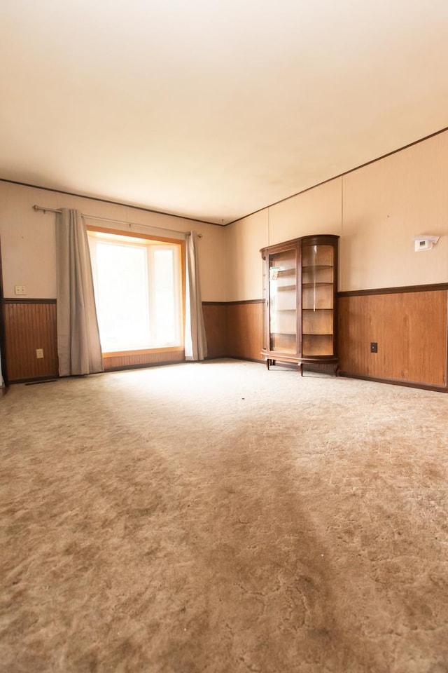 1602 N Jefferson Ave, Dixon, IL 61021 - empty room featuring a wainscoted wall, wood walls, and carpet floors