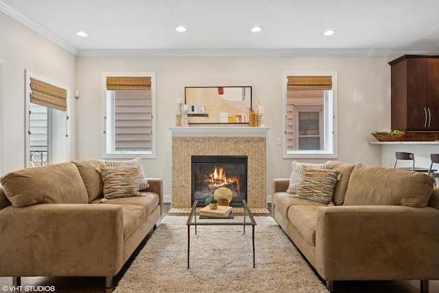 4110 N California Ave Unit 1, Chicago, IL 60618 - living area featuring a high end fireplace, ornamental molding, recessed lighting, and wood finished floors