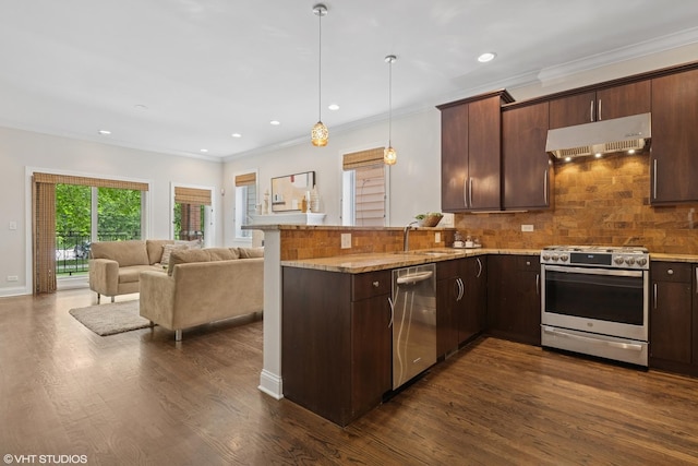 4110 N California Ave Unit 1, Chicago, IL 60618 - kitchen featuring appliances with stainless steel finishes, range hood, dark wood-style floors, open floor plan, and decorative backsplash