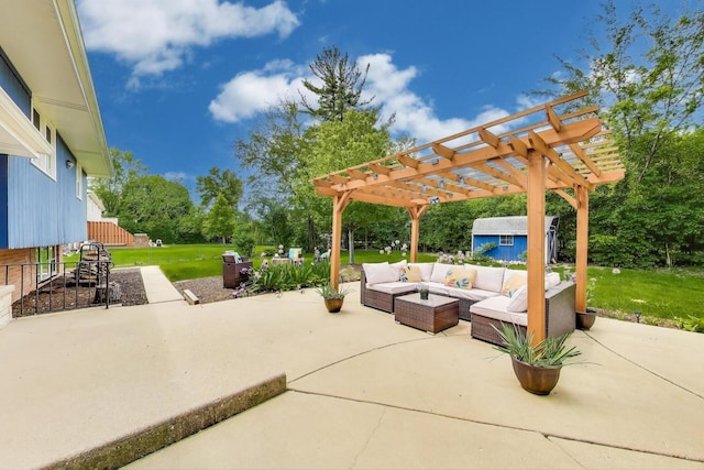 14 W Leon Ln, Prospect Heights, IL 60070 - view of patio / terrace with an outdoor living space, a pergola, and view of scattered trees