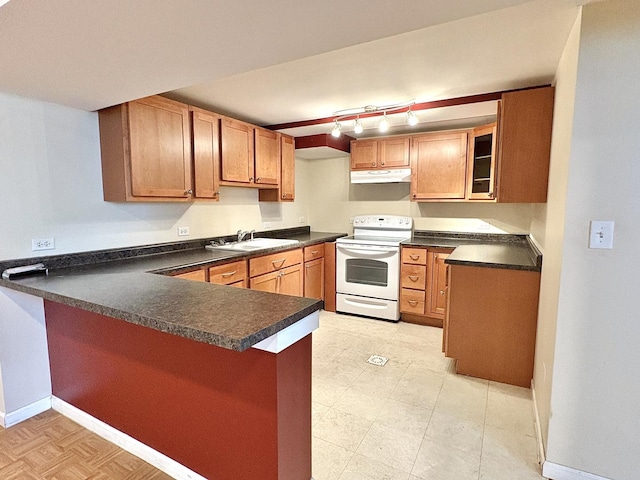 4937 S Kilpatrick Ave, Chicago, IL 60632 - kitchen featuring white range with electric cooktop, a sink, under cabinet range hood, a peninsula, and dark countertops