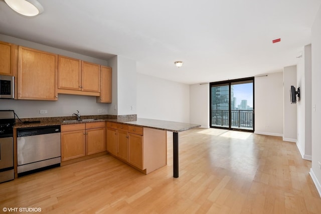 1101 S State St Unit 1805, Chicago, IL 60605 - kitchen with stainless steel appliances, a wall of windows, light wood-style flooring, a peninsula, and open floor plan