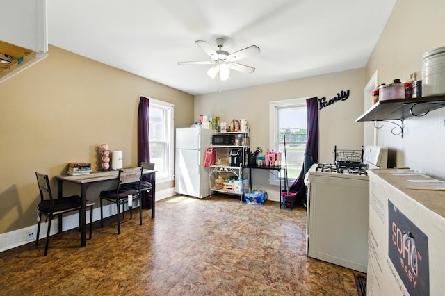 650 Pennsylvania Ave, Aurora, IL 60506 - kitchen featuring white appliances, ceiling fan, and open shelves