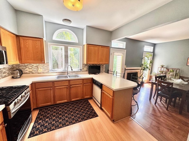 34251 N Homestead Rd, Gurnee, IL 60031 - kitchen with appliances with stainless steel finishes, a peninsula, light wood-style flooring, backsplash, and light countertops
