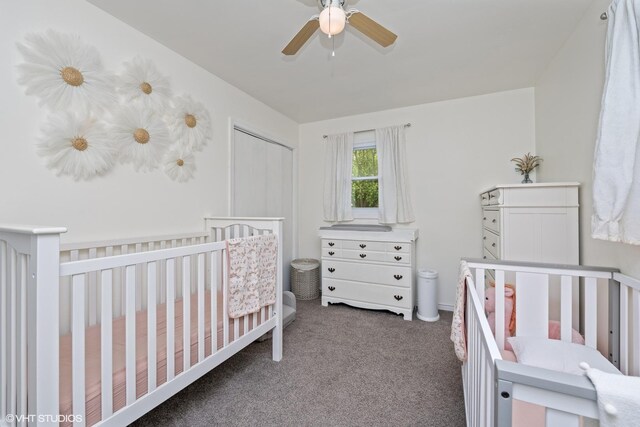 505 Crest Dr, Cary, IL 60013 - bedroom with carpet floors, a crib, and ceiling fan