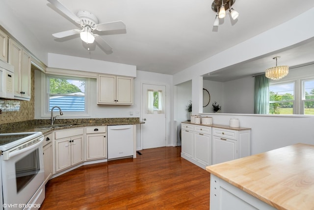 505 Crest Dr, Cary, IL 60013 - kitchen with white appliances, a ceiling fan, dark wood-style floors, and healthy amount of natural light