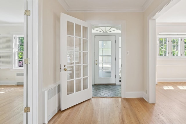 720 Ingleside Pl, Evanston, IL 60201 - entryway with radiator heating unit, wood finished floors, and ornamental molding