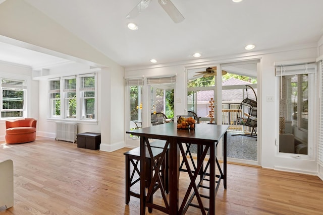 720 Ingleside Pl, Evanston, IL 60201 - dining area featuring radiator heating unit, ceiling fan, plenty of natural light, light wood-style floors, and recessed lighting