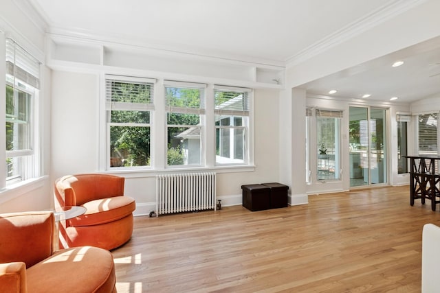 720 Ingleside Pl, Evanston, IL 60201 - sitting room with radiator heating unit, crown molding, plenty of natural light, light wood-style flooring, and recessed lighting