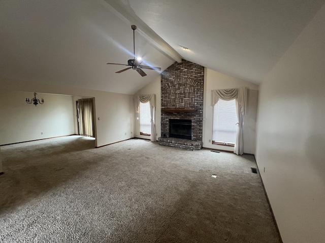 310 Massasoit St, Minooka, IL 60447 - unfurnished living room featuring ceiling fan, carpet, a fireplace, and baseboards