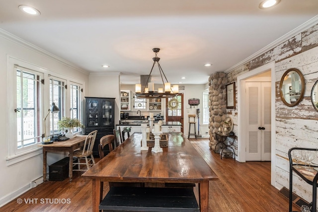 26821 N Oakdale Ln, Mundelein, IL 60060 - dining space featuring dark wood-style floors, ornamental molding, a chandelier, and recessed lighting