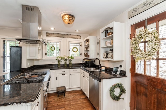26821 N Oakdale Ln, Mundelein, IL 60060 - kitchen featuring stainless steel appliances, island range hood, open shelves, white cabinets, and dark wood-type flooring